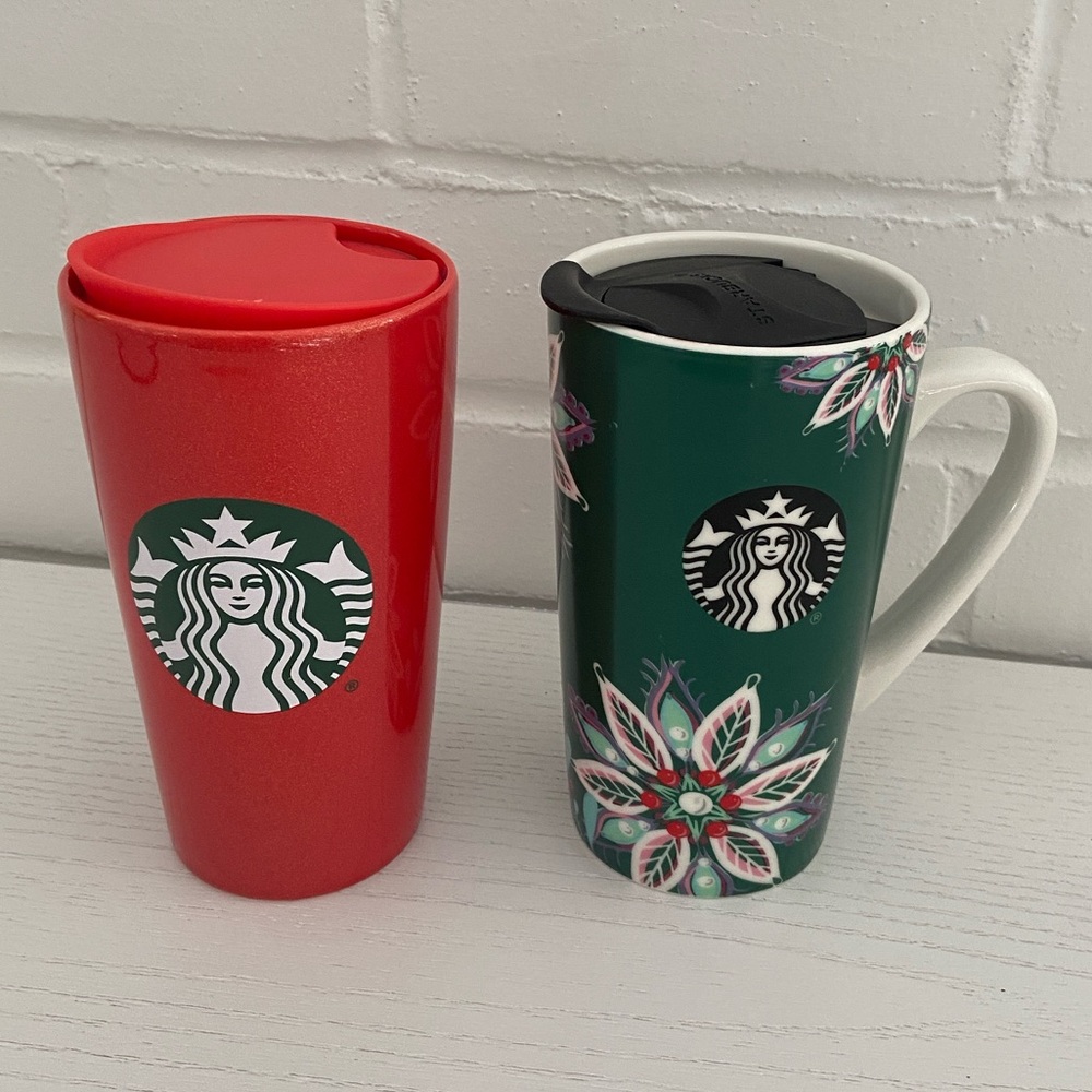 Brand New Set-Classic Starbucks Festive Ceramic Red And Green Coffee Tumblers